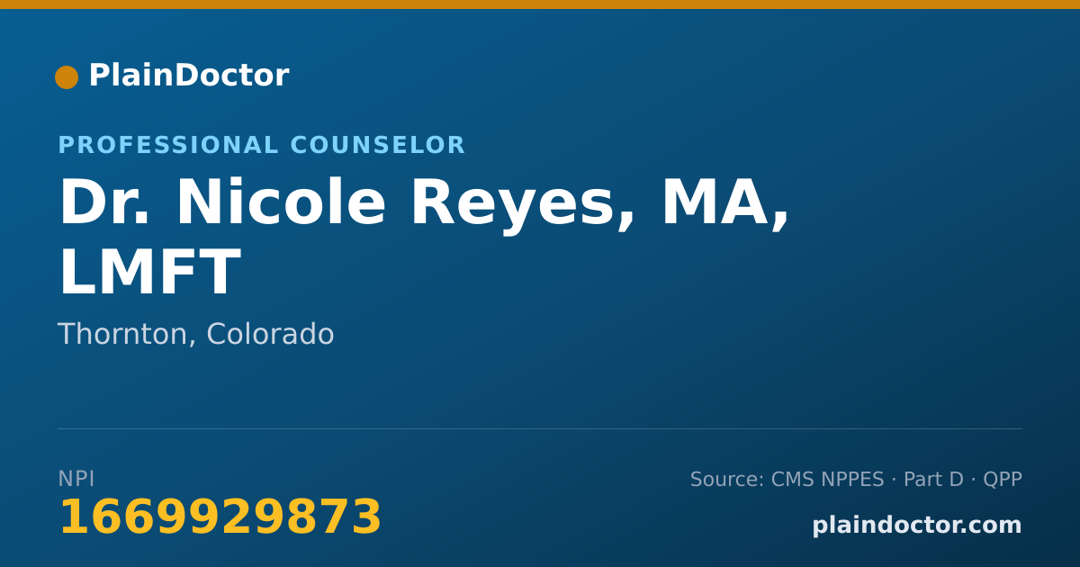 Shareable card for Nicole Reyes, MA, LMFT - Professional Counselor, Thornton, CO