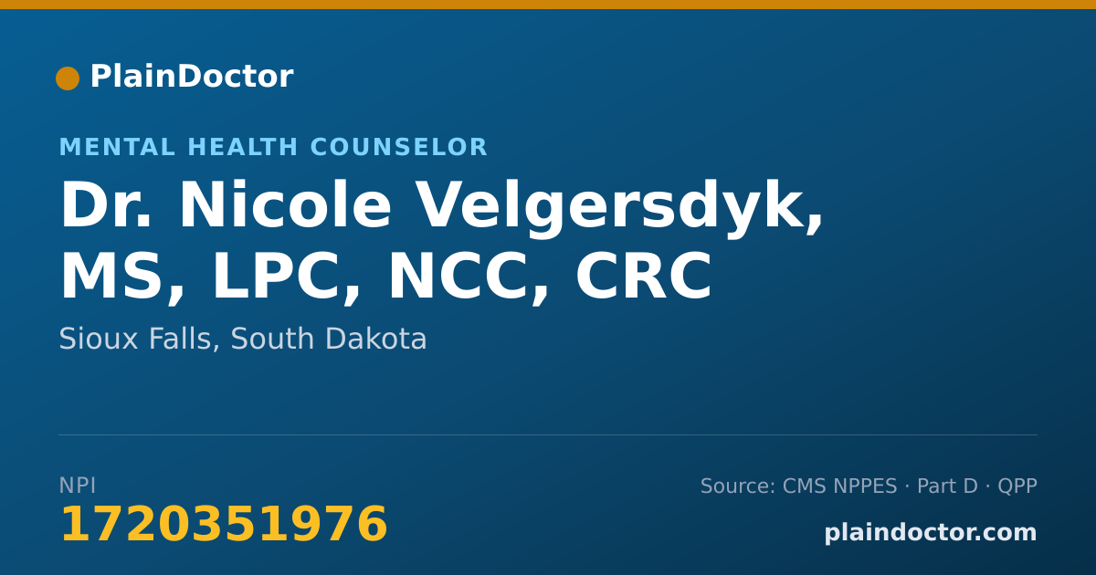 Shareable card for Nicole Velgersdyk, MS, LPC, NCC, CRC - Mental Health Counselor, Sioux Falls, SD