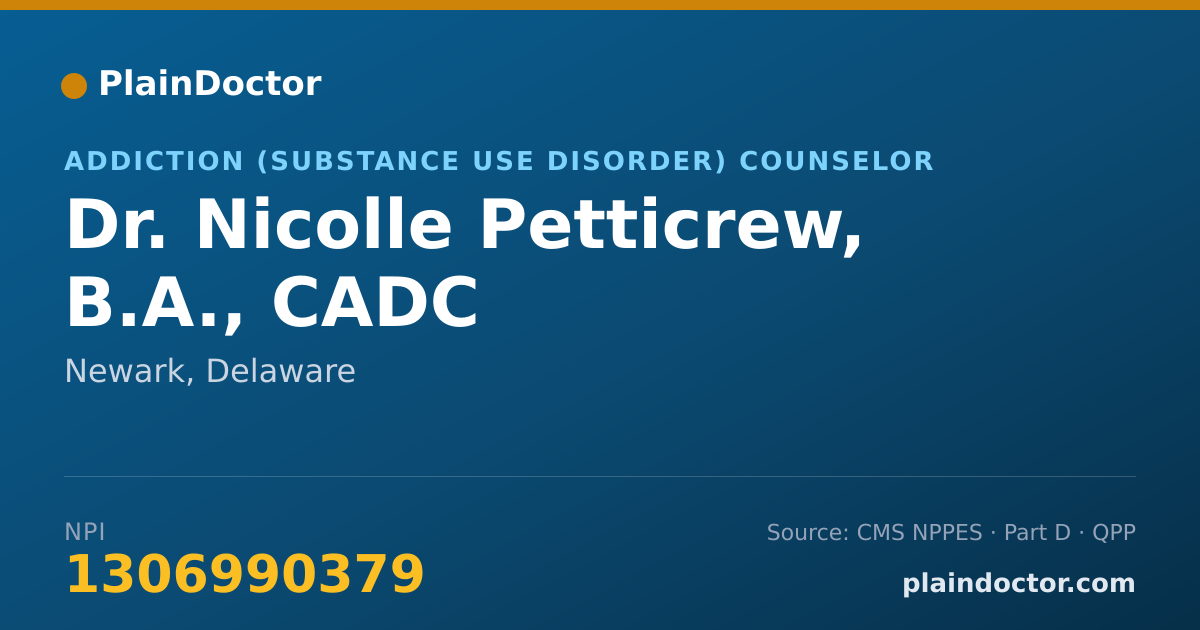Shareable card for Nicolle Petticrew, B.A., CADC - Addiction (Substance Use Disorder) Counselor, Newark, DE