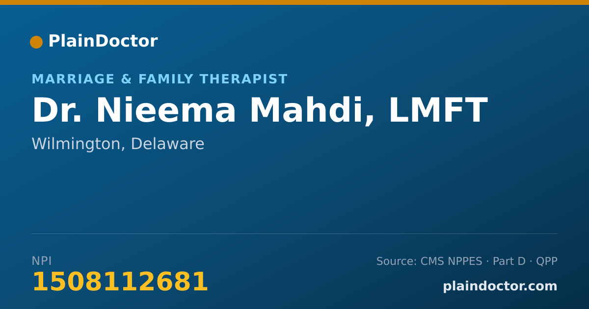 Shareable card for Nieema Mahdi, LMFT - Marriage & Family Therapist, Wilmington, DE