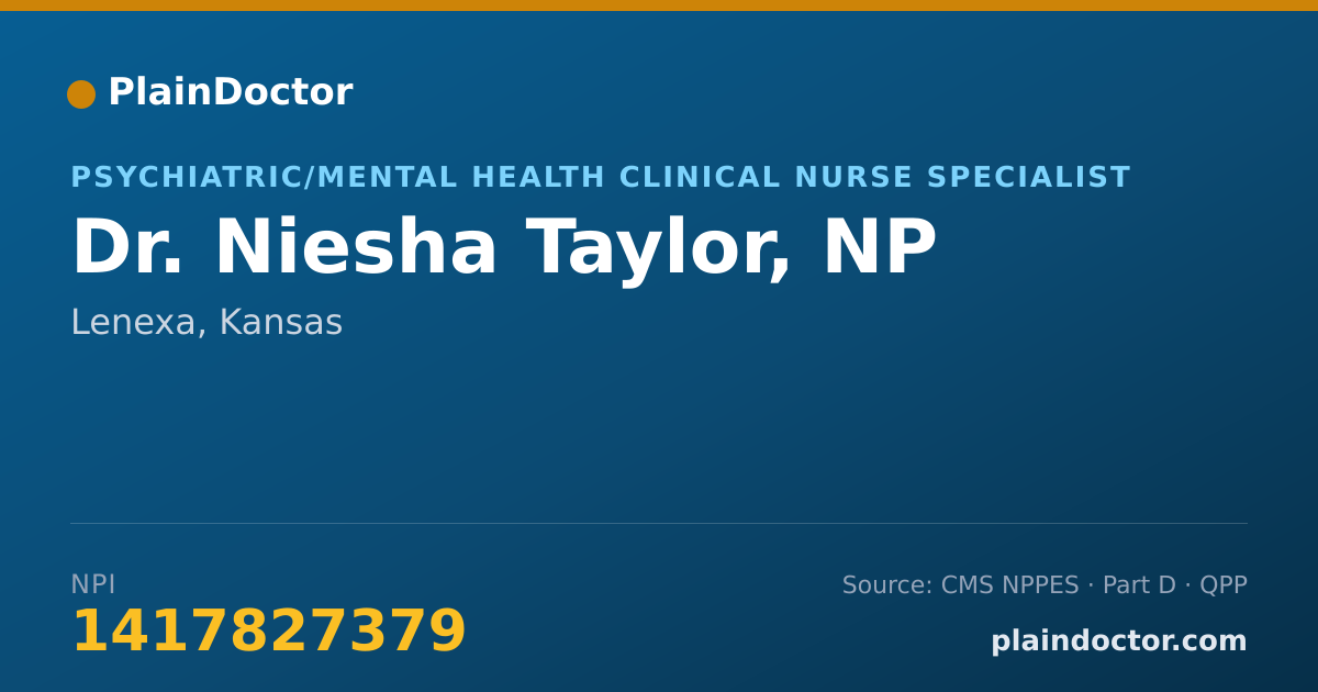 Shareable card for Niesha Taylor, NP - Psychiatric/Mental Health Clinical Nurse Specialist, Lenexa, KS