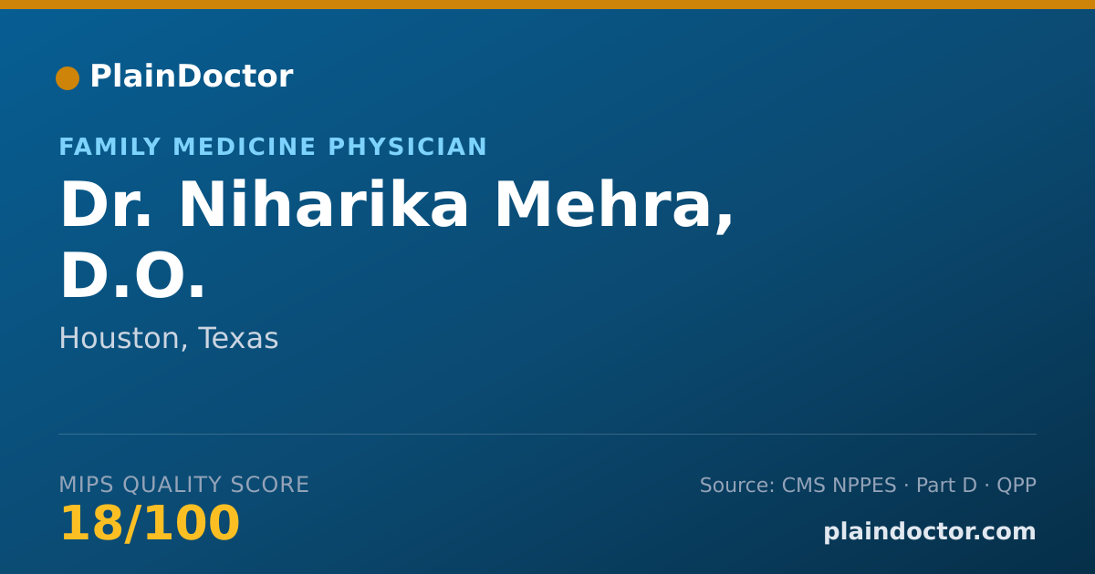 Shareable card for Niharika Mehra, D.O. - Family Medicine Physician, Houston, TX