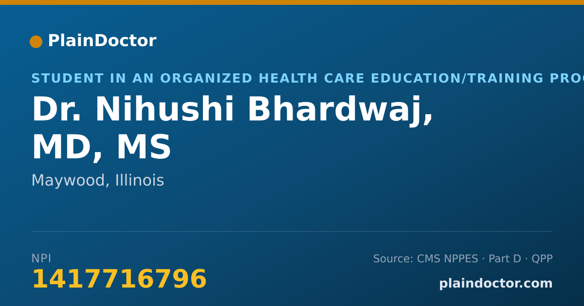 Shareable card for Nihushi Bhardwaj, MD, MS - Student in an Organized Health Care Education/Training Program, Maywood, IL