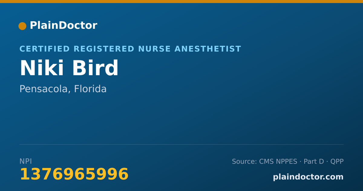 Shareable card for Niki Bird - Certified Registered Nurse Anesthetist, Pensacola, FL