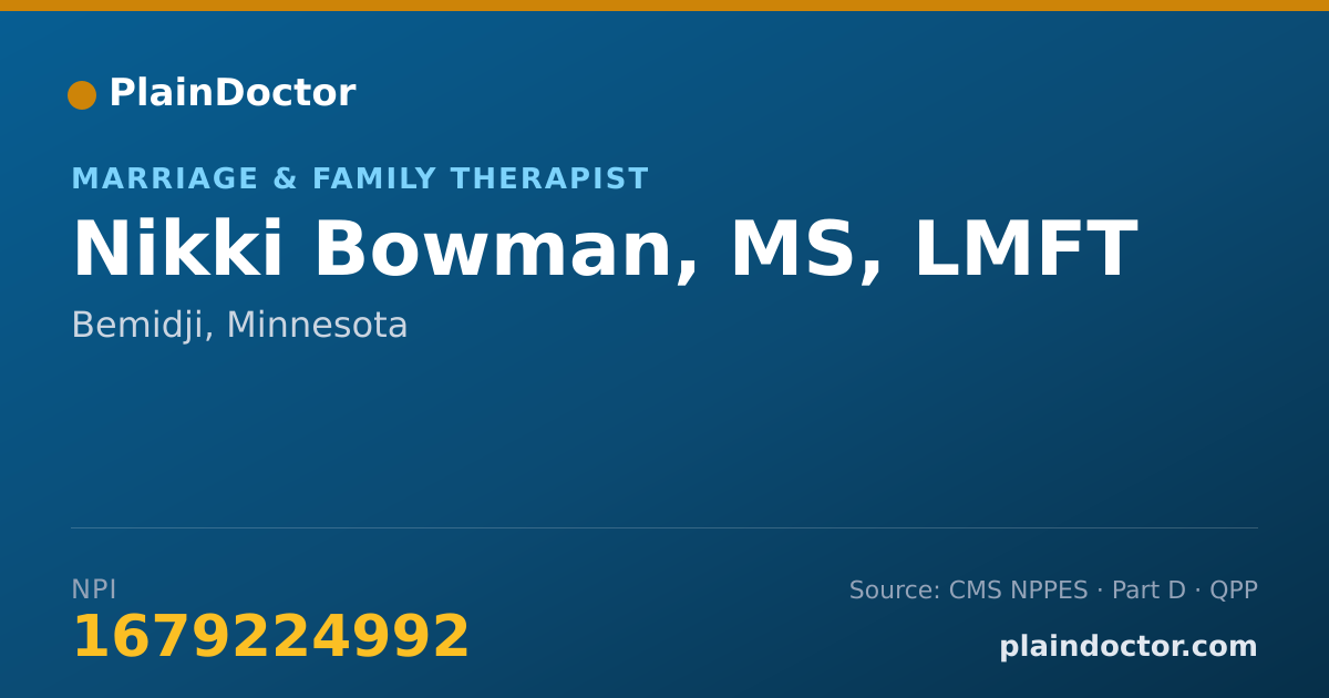 Shareable card for Nikki Bowman, MS, LMFT - Marriage & Family Therapist, Bemidji, MN
