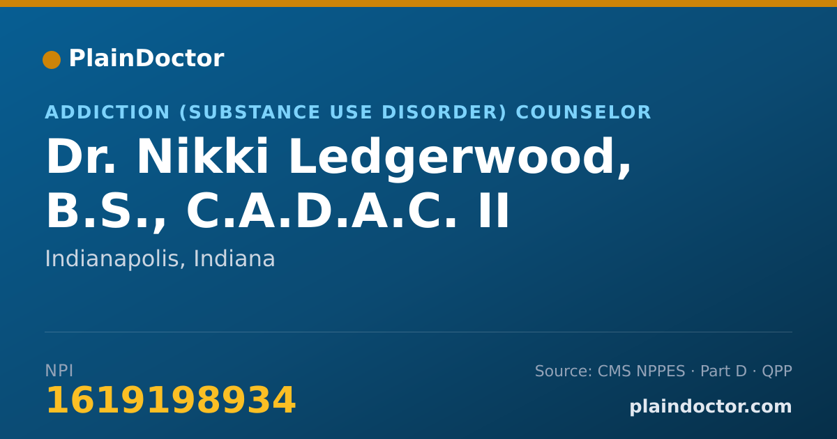 Shareable card for Nikki Ledgerwood, B.S., C.A.D.A.C. II - Addiction (Substance Use Disorder) Counselor, Indianapolis, IN