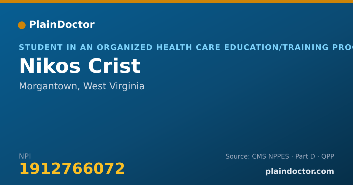 Shareable card for Nikos Crist - Student in an Organized Health Care Education/Training Program, Morgantown, WV