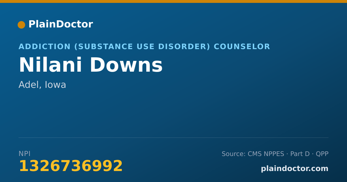 Shareable card for Nilani Downs - Addiction (Substance Use Disorder) Counselor, Adel, IA