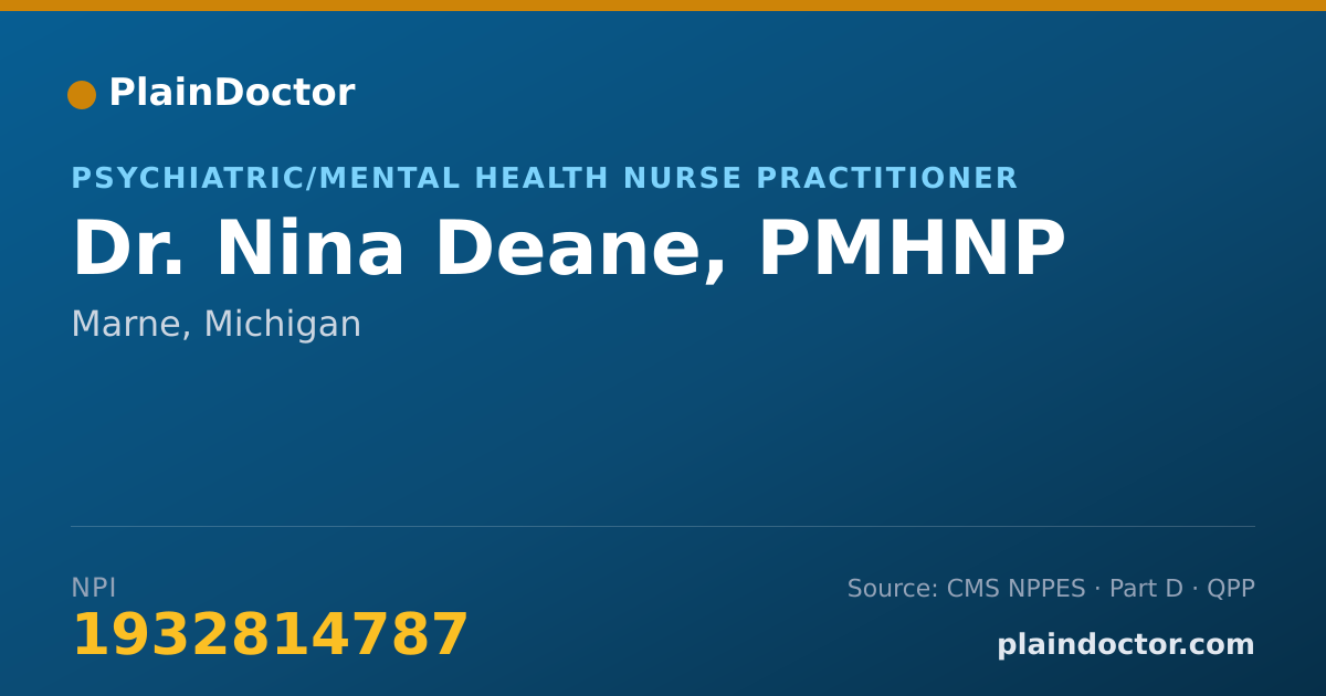 Shareable card for Nina Deane, PMHNP - Psychiatric/Mental Health Nurse Practitioner, Marne, MI