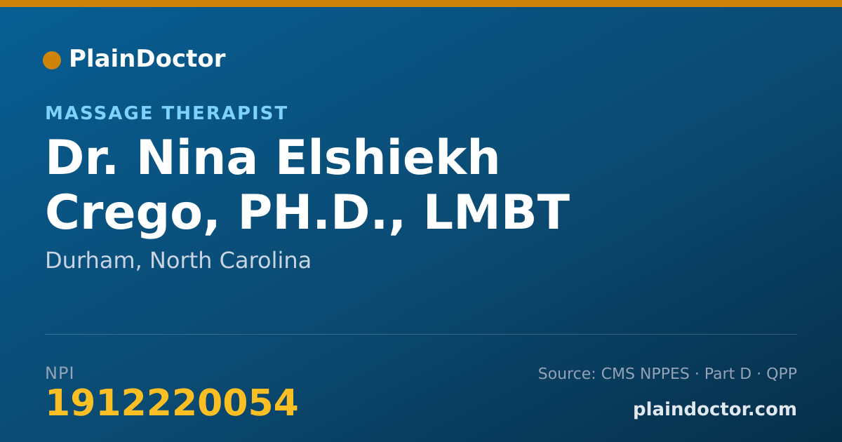 Shareable card for Nina Elshiekh Crego, PH.D., LMBT - Massage Therapist, Durham, NC