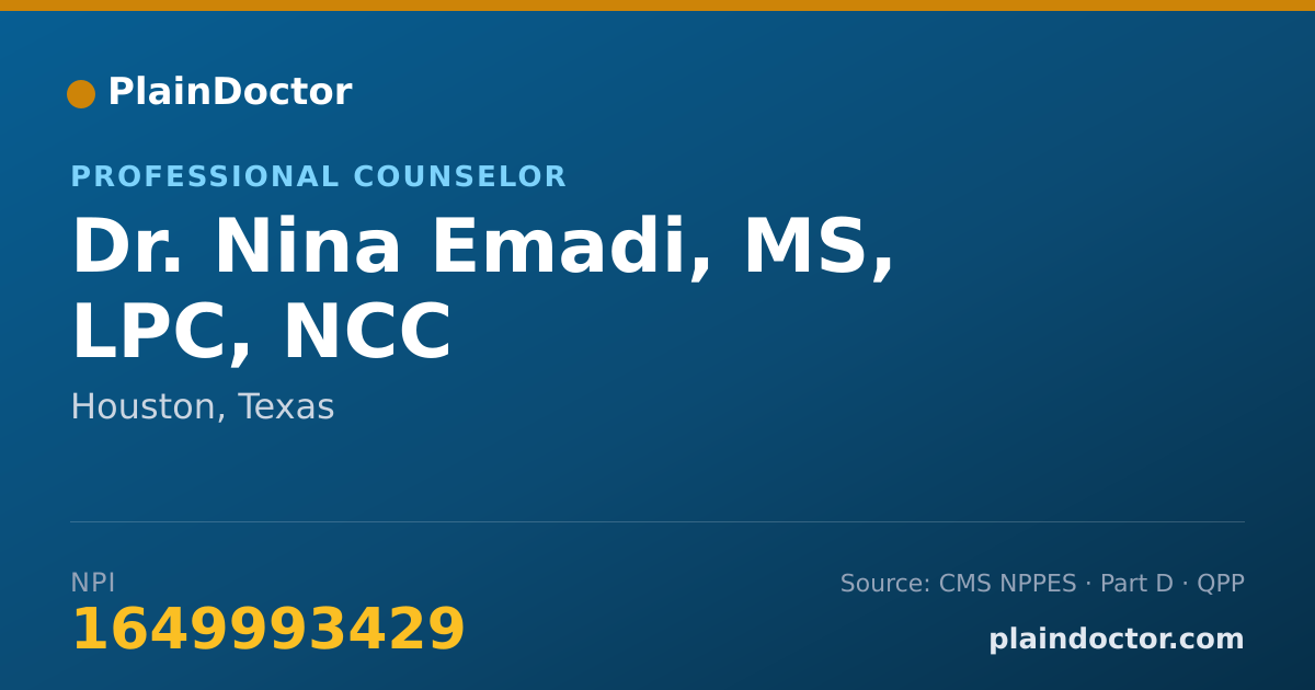 Shareable card for Nina Emadi, MS, LPC, NCC - Professional Counselor, Houston, TX