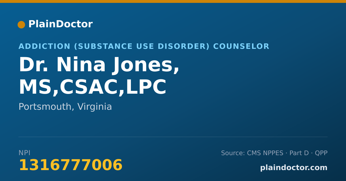Shareable card for Nina Jones, MS,CSAC,LPC - Addiction (Substance Use Disorder) Counselor, Portsmouth, VA