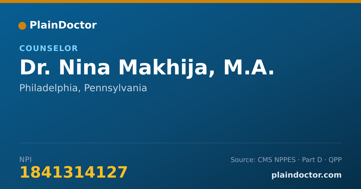 Shareable card for Nina Makhija, M.A. - Counselor, Philadelphia, PA