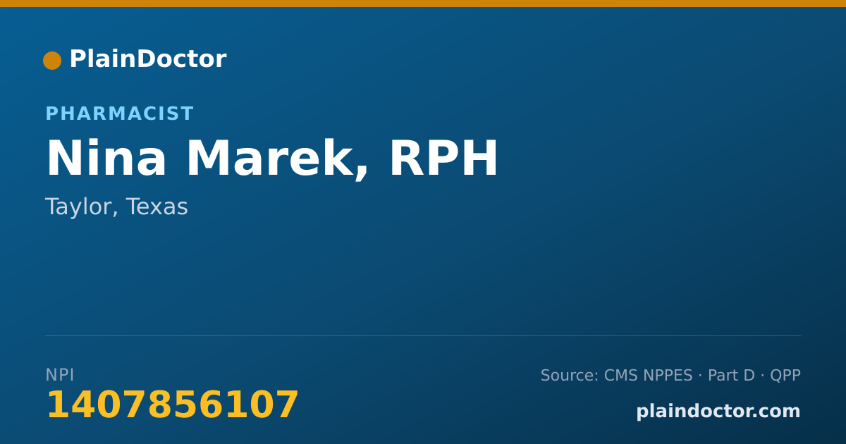 Shareable card for Nina Marek, RPH - Pharmacist, Taylor, TX