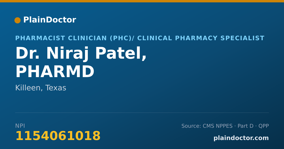 Shareable card for Niraj Patel, PHARMD - Pharmacist Clinician (PhC)/ Clinical Pharmacy Specialist, Killeen, TX