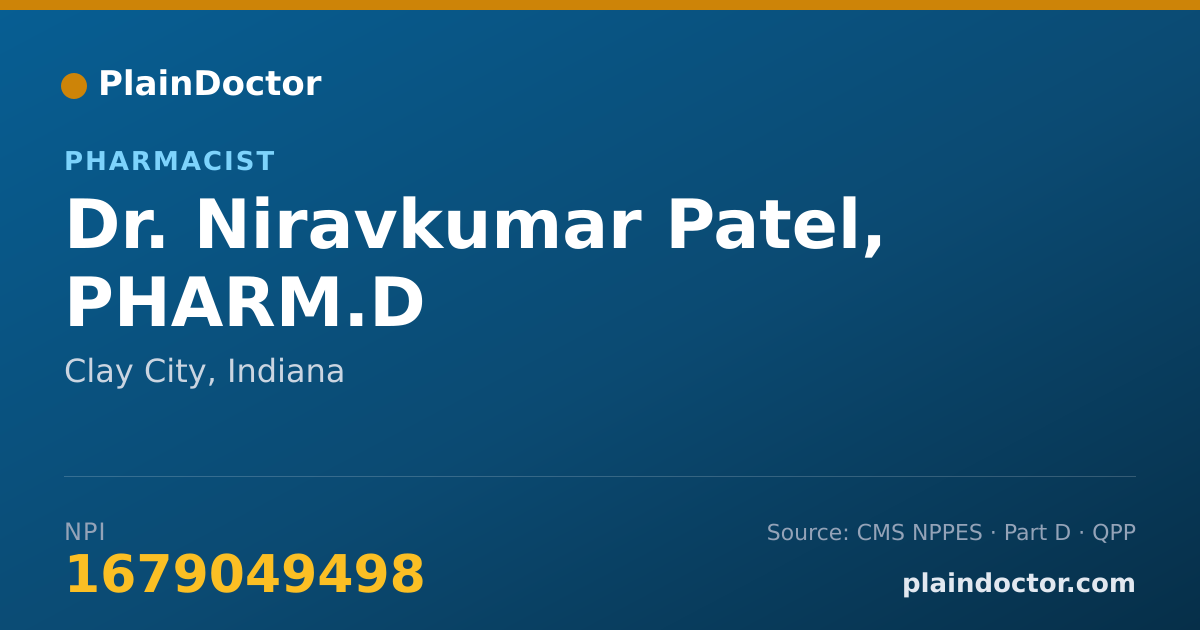 Shareable card for Niravkumar Patel, PHARM.D - Pharmacist, Clay City, IN
