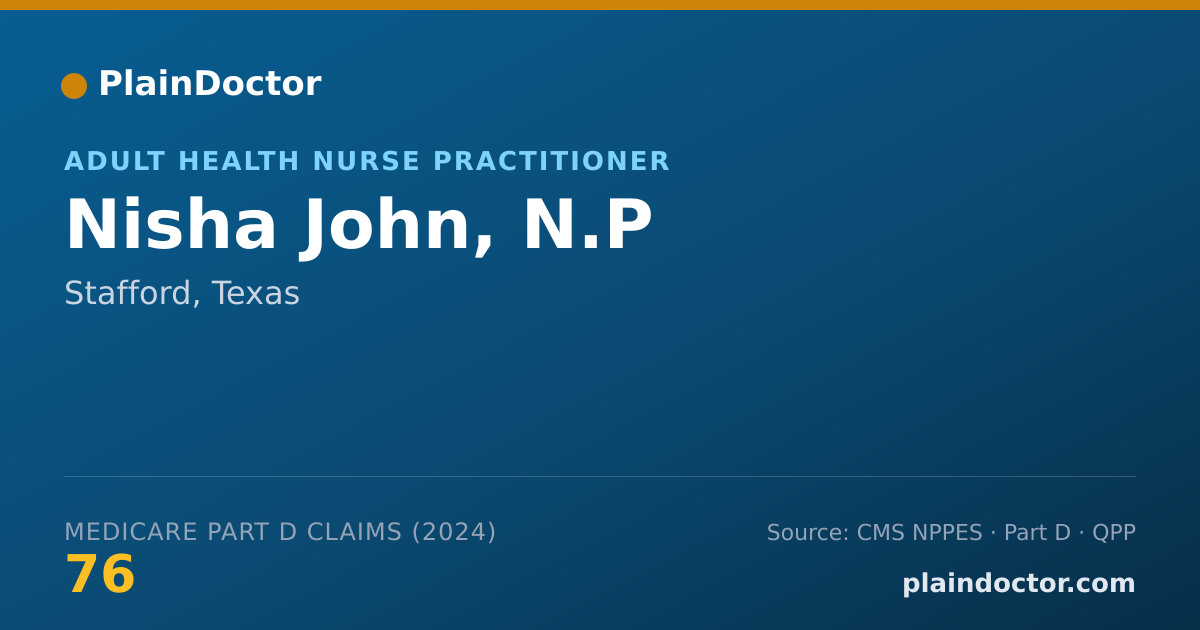 Shareable card for Nisha John, N.P - Adult Health Nurse Practitioner, Stafford, TX
