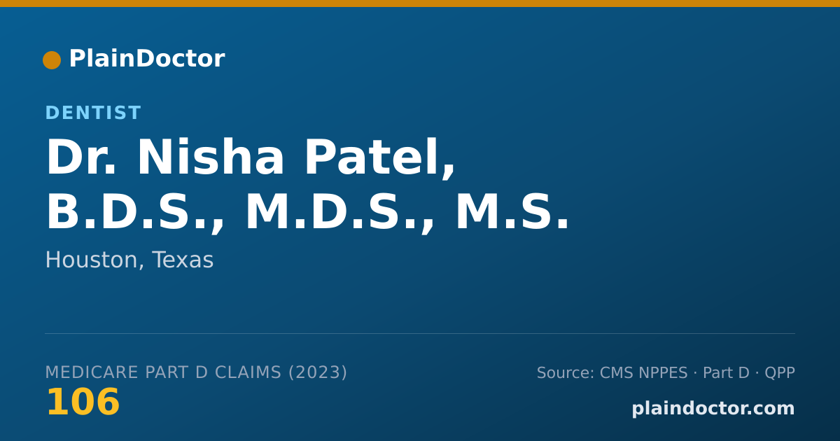 Shareable card for Nisha Patel, B.D.S., M.D.S., M.S. - Dentist, Houston, TX