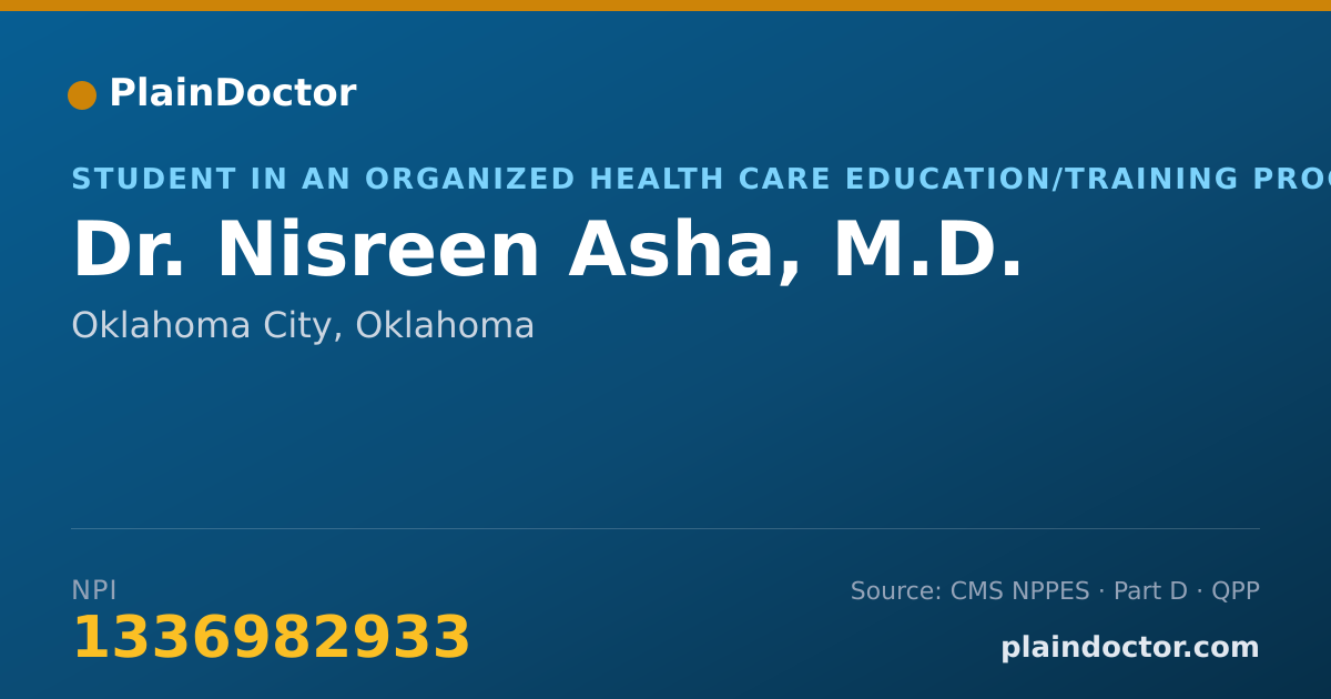Shareable card for Nisreen Asha, M.D. - Student in an Organized Health Care Education/Training Program, Oklahoma City, OK