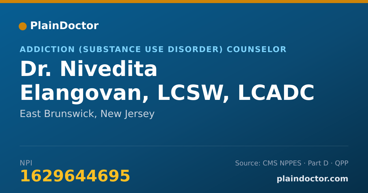 Shareable card for Nivedita Elangovan, LCSW, LCADC - Addiction (Substance Use Disorder) Counselor, East Brunswick, NJ