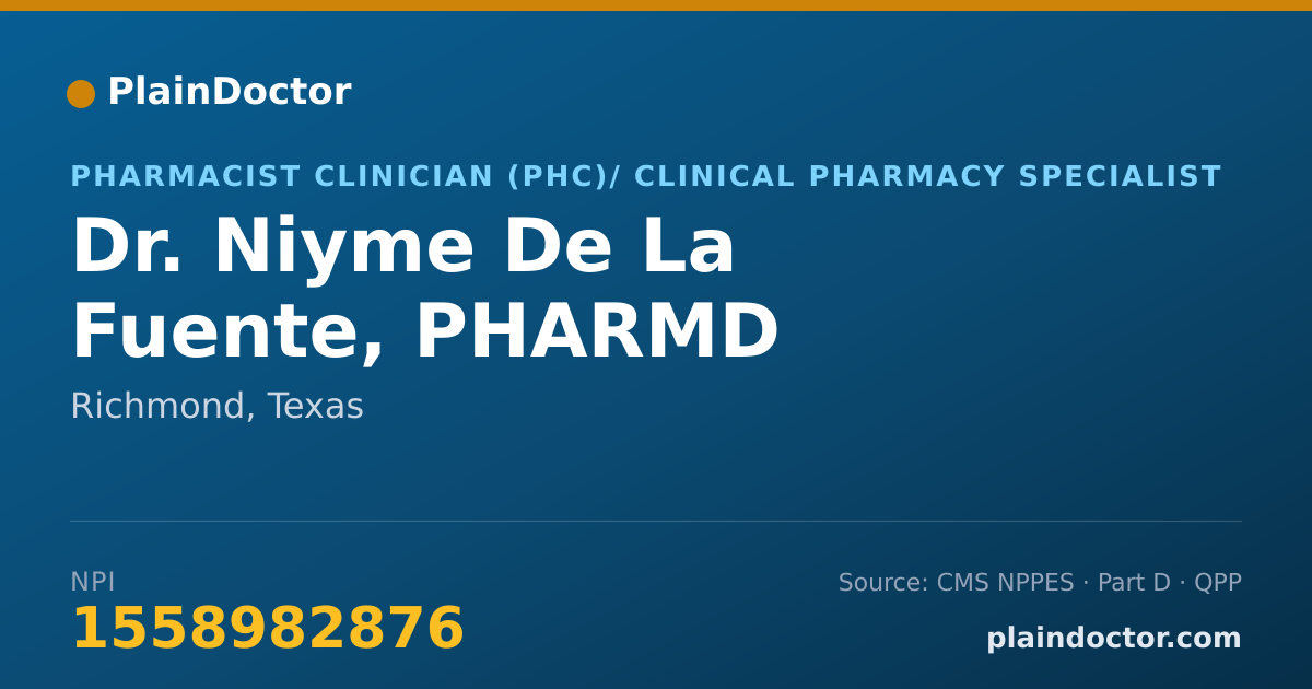Shareable card for Niyme De La Fuente, PHARMD - Pharmacist Clinician (PhC)/ Clinical Pharmacy Specialist, Richmond, TX