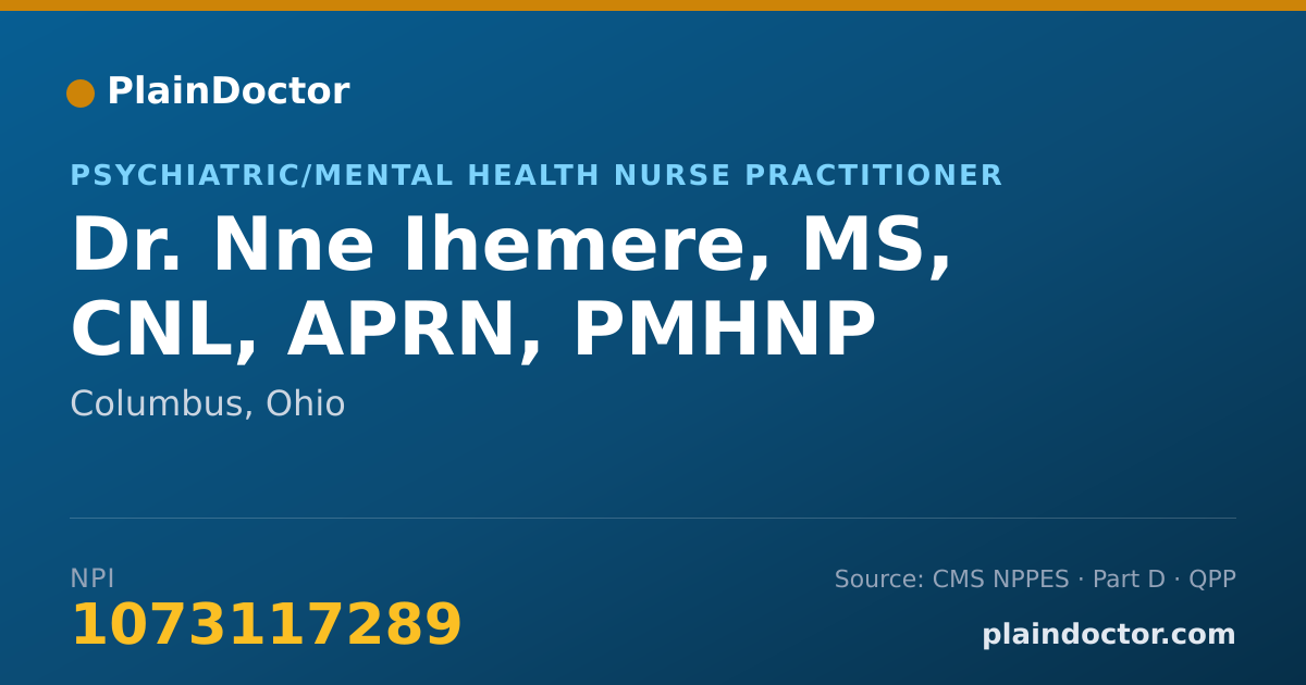 Shareable card for Nne Ihemere, MS, CNL, APRN, PMHNP - Psychiatric/Mental Health Nurse Practitioner, Columbus, OH