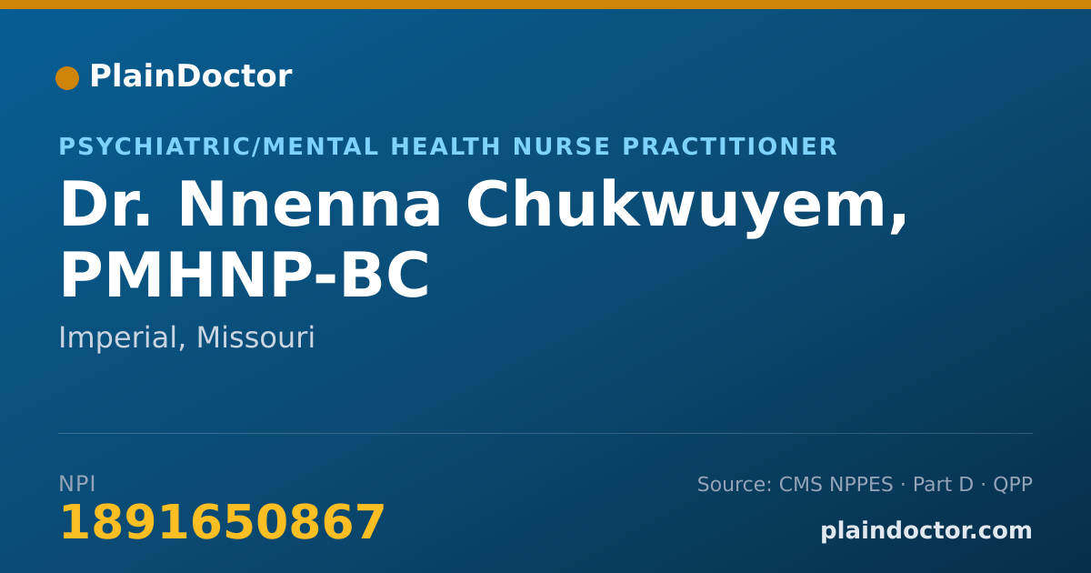 Shareable card for Nnenna Chukwuyem, PMHNP-BC - Psychiatric/Mental Health Nurse Practitioner, Imperial, MO