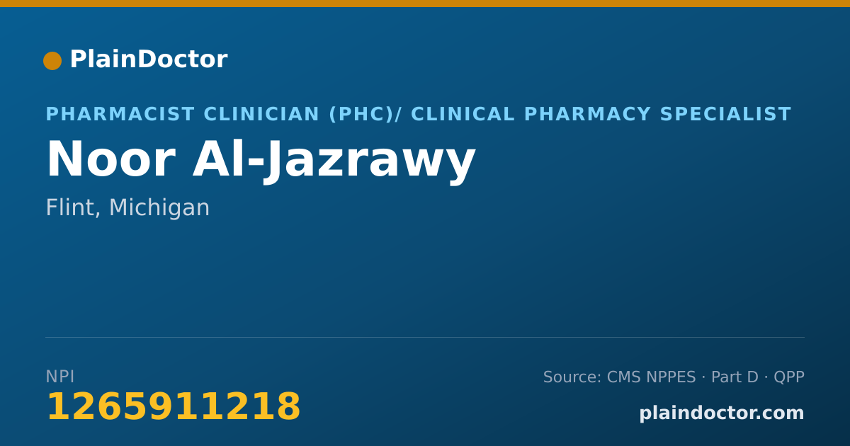 Shareable card for Noor Al-Jazrawy - Pharmacist Clinician (PhC)/ Clinical Pharmacy Specialist, Flint, MI