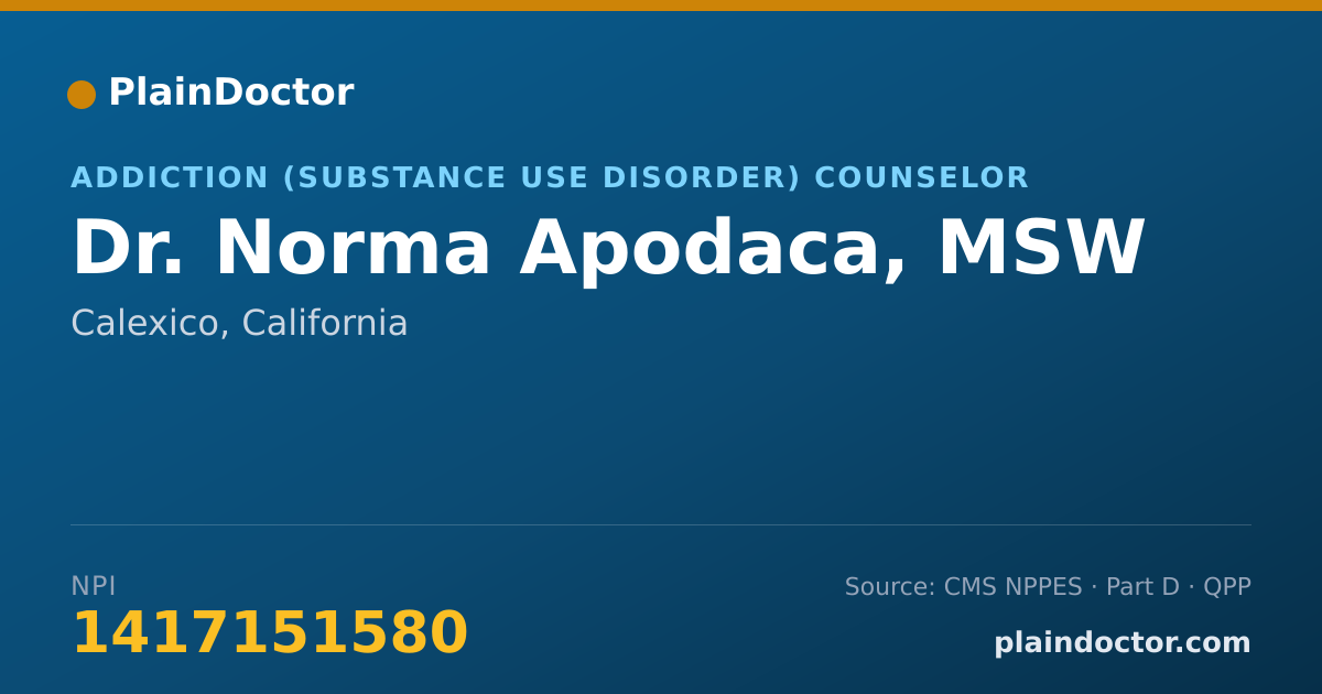 Shareable card for Norma Apodaca, MSW - Addiction (Substance Use Disorder) Counselor, Calexico, CA