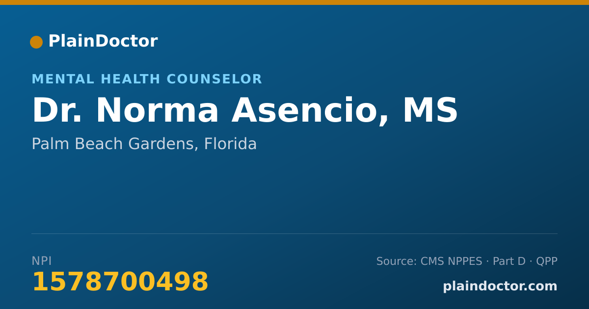 Shareable card for Norma Asencio, MS - Mental Health Counselor, Palm Beach Gardens, FL