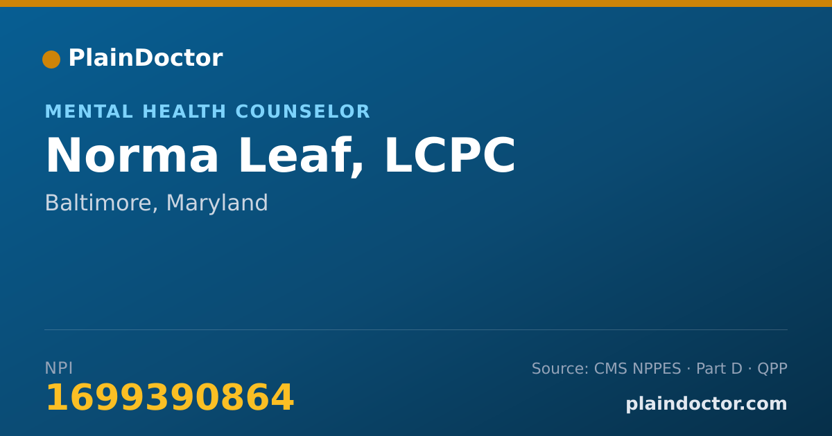 Shareable card for Norma Leaf, LCPC - Mental Health Counselor, Baltimore, MD