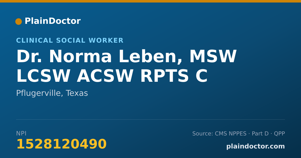 Shareable card for Norma Leben, MSW LCSW ACSW RPTS C - Clinical Social Worker, Pflugerville, TX
