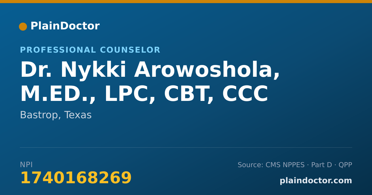 Shareable card for Nykki Arowoshola, M.ED., LPC, CBT, CCC - Professional Counselor, Bastrop, TX