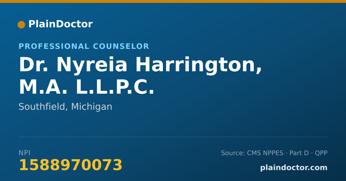 Shareable card for Nyreia Harrington, M.A. L.L.P.C. - Professional Counselor, Southfield, MI