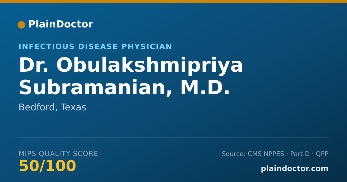 Shareable card for Obulakshmipriya Subramanian, M.D. - Infectious Disease Physician, Bedford, TX