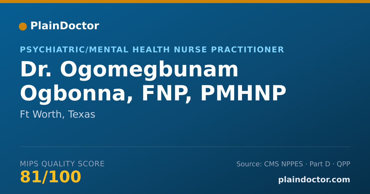 Shareable card for Ogomegbunam Ogbonna, FNP, PMHNP - Psychiatric/Mental Health Nurse Practitioner, Ft Worth, TX