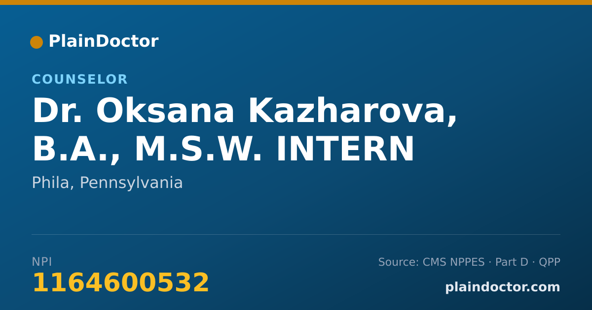 Shareable card for Oksana Kazharova, B.A., M.S.W. INTERN - Counselor, Phila, PA