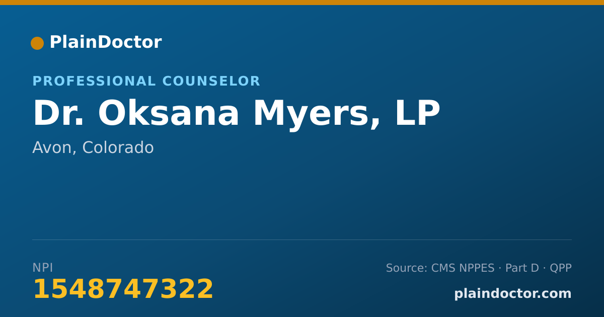 Shareable card for Oksana Myers, LP - Professional Counselor, Avon, CO