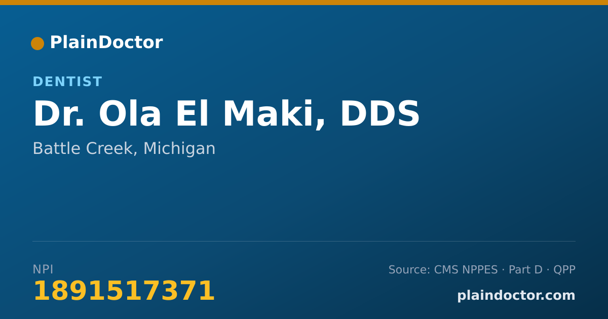 Shareable card for Ola El Maki, DDS - Dentist, Battle Creek, MI