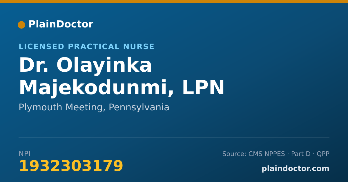 Shareable card for Olayinka Majekodunmi, LPN - Licensed Practical Nurse, Plymouth Meeting, PA