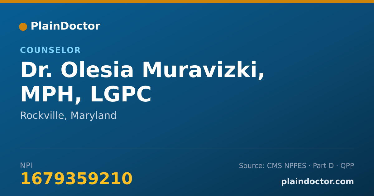 Shareable card for Olesia Muravizki, MPH, LGPC - Counselor, Rockville, MD