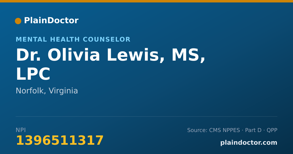 Shareable card for Olivia Lewis, MS, LPC - Mental Health Counselor, Norfolk, VA