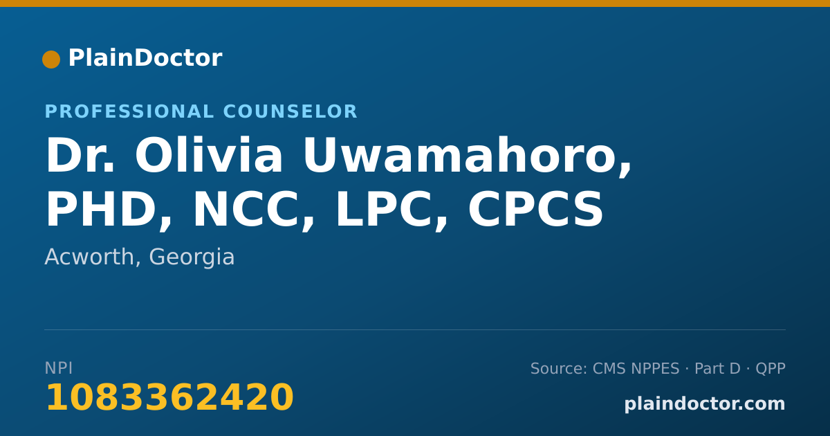 Shareable card for Olivia Uwamahoro, PHD, NCC, LPC, CPCS - Professional Counselor, Acworth, GA