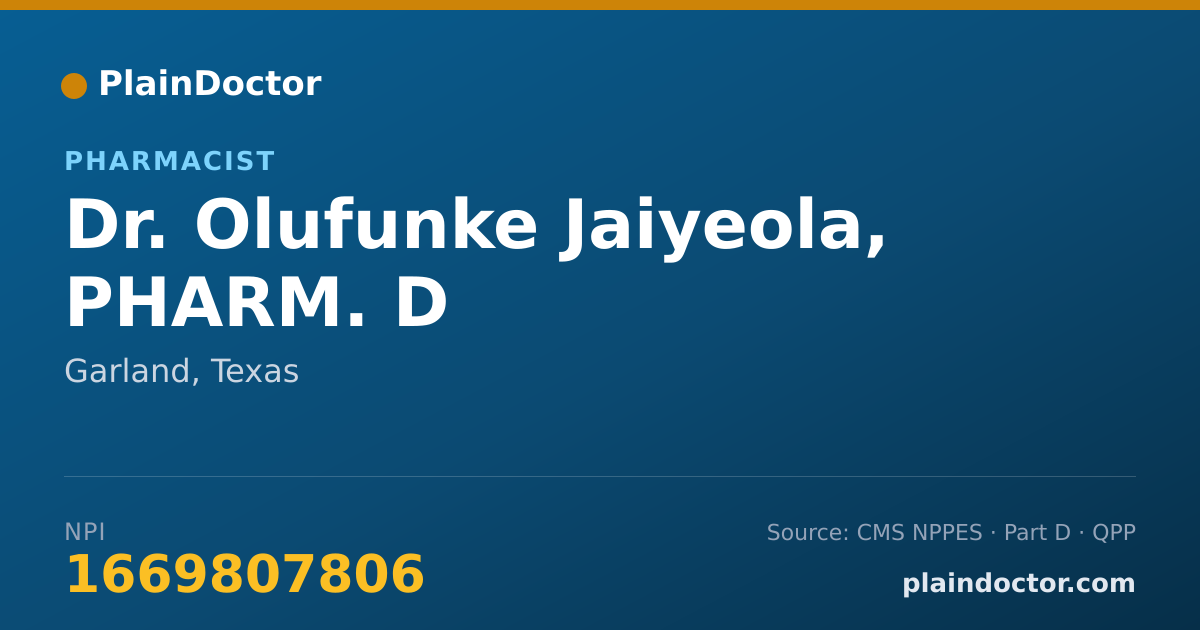 Shareable card for Olufunke Jaiyeola, PHARM. D - Pharmacist, Garland, TX