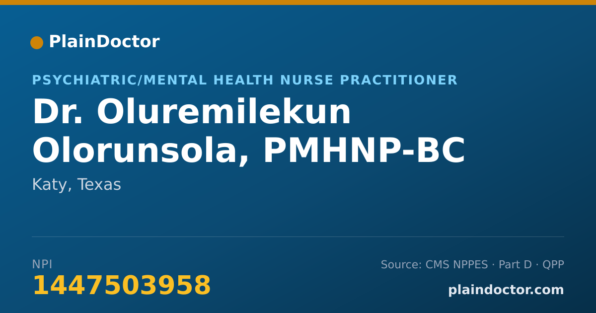 Shareable card for Oluremilekun Olorunsola, PMHNP-BC - Psychiatric/Mental Health Nurse Practitioner, Katy, TX
