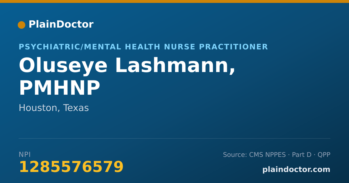 Shareable card for Oluseye Lashmann, PMHNP - Psychiatric/Mental Health Nurse Practitioner, Houston, TX