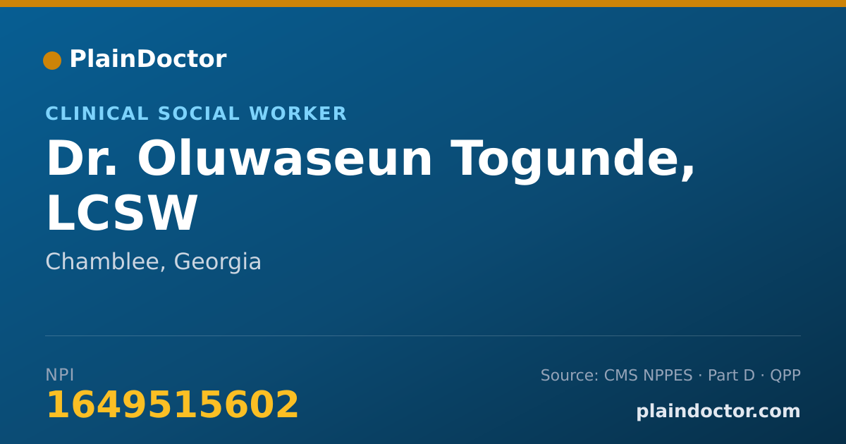Shareable card for Oluwaseun Togunde, LCSW - Clinical Social Worker, Chamblee, GA