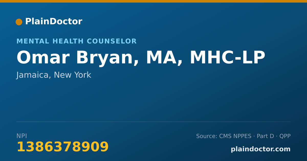 Shareable card for Omar Bryan, MA, MHC-LP - Mental Health Counselor, Jamaica, NY