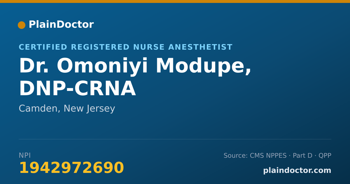 Shareable card for Omoniyi Modupe, DNP-CRNA - Certified Registered Nurse Anesthetist, Camden, NJ