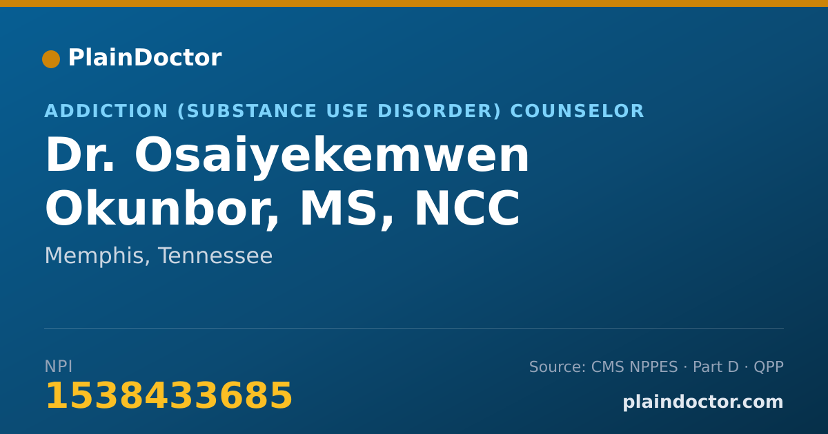Shareable card for Osaiyekemwen Okunbor, MS, NCC - Addiction (Substance Use Disorder) Counselor, Memphis, TN